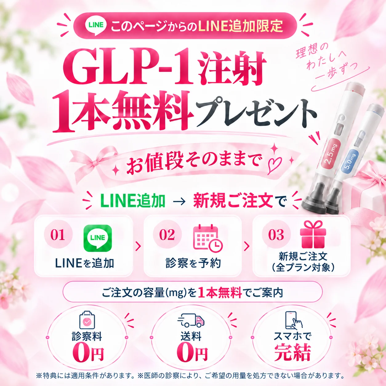 このページからLINE追加した方限定。GLP-1注射1本無料プレゼント。先着1日30名、本日分まだ空きあり。